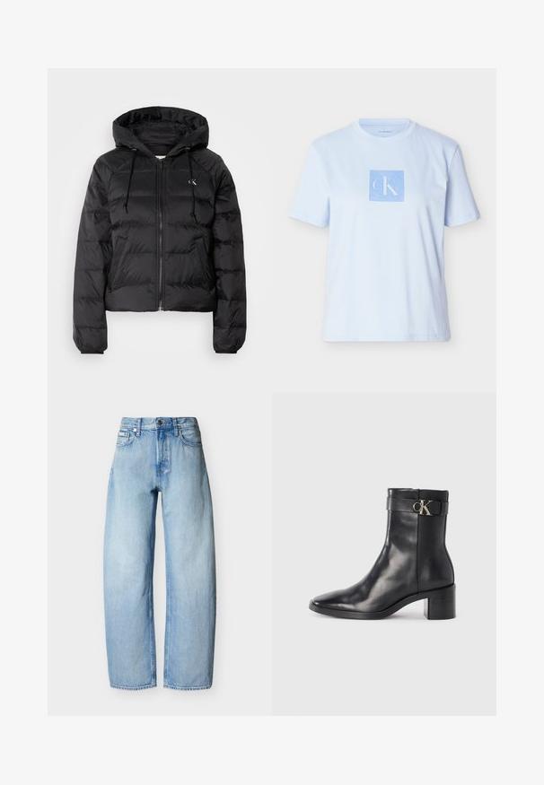 Calvin Klein Jeans LIGHTWEIGHT LOGO PUFFER - Zimná bunda - black; Svetlomodré bavlnené tričko s štvorcovým grafickým logom v tmavšej modrej farbe. Krátke rukávy a okrúhly výstrih s voľným strihom.; Svetlomodré džínsy rovného strihu s piatimi vreckami, očkami na opasok a predným zapínaním na gombík.; Čierne kožené členkové čižmy s špicatou špičkou, blokovým podpätkom a pásikom s kovovým logom. Hladká textúra a minimalistický dizajn.