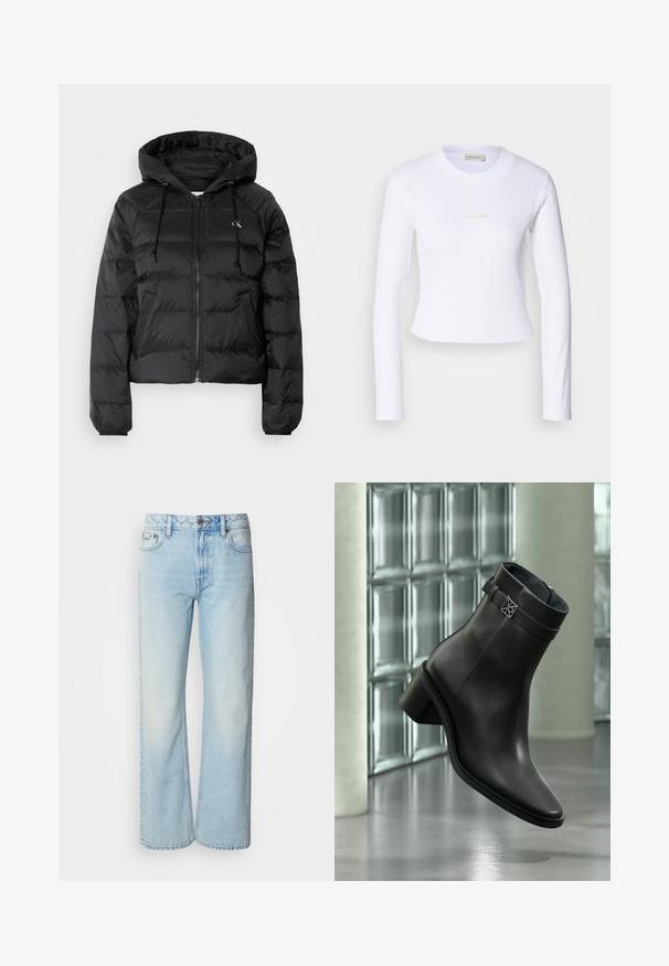 Calvin Klein Jeans LIGHTWEIGHT LOGO PUFFER - Vinterjakker - black; Hvid langærmet crop top med et diskret Calvin Klein-logo i midten, præsenteret på en lys grå baggrund.; Lyseblå brede jeans lavet af denim med et klassisk fem-lomme design og en subtil falmet tekstur. Denim-syninger er synlige.; Sort læderankelstøvle med lav blokhæl og dekorativ rem, vist i et moderne, minimalistisk indendørs miljø.