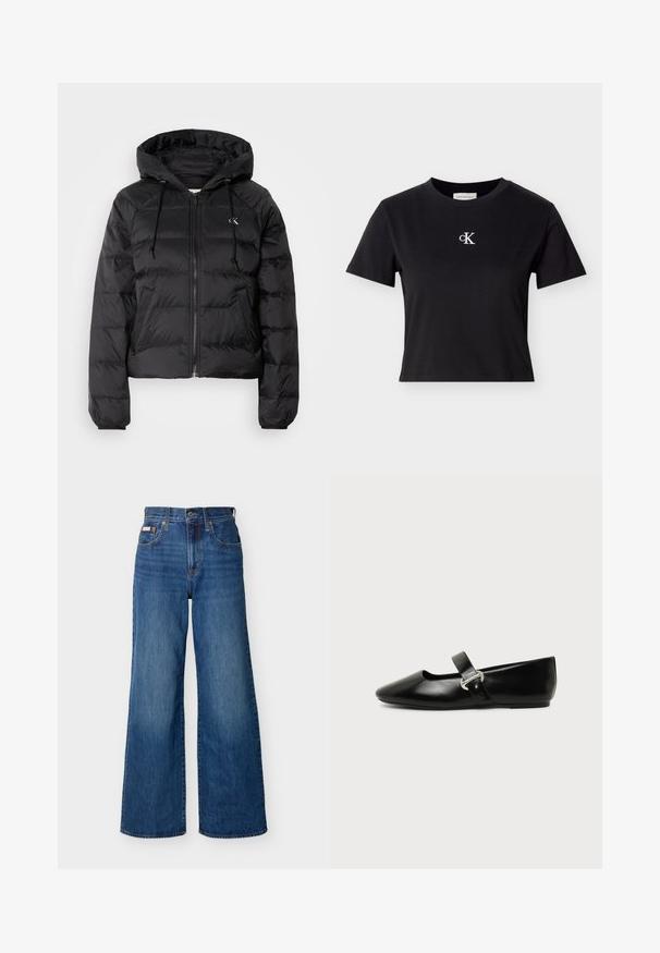 Calvin Klein Jeans LIGHTWEIGHT LOGO PUFFER - Vinterjakker - black; Sort bomuldskortærmet T-shirt med rund hals og hvidt "cK"-logo på brystet. Designet er enkelt med en kort, tætsiddende pasform.; Blå vidbenede denimjeans med højtaljede, forknapper, lynlås og fem-lomme-design mod en ensfarvet baggrund.; Sort læder Mary Jane-flad sko med rundet tå og sølvspænde på ensfarvet baggrund.