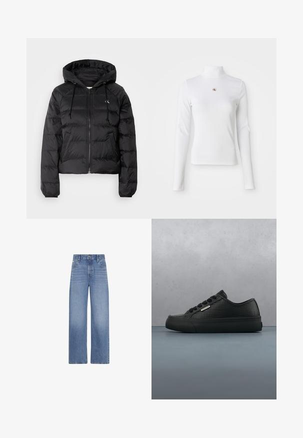 Calvin Klein Jeans LIGHTWEIGHT LOGO PUFFER - Vinterjakker - black; Langærmet, hvid turtleneck-top lavet af ribbet materiale. Har et lille broderet logo i midten. Tæt pasform uden mønstre.; Blå cowboybukser med høj talje og vide ben, forlommer, bæltestropper og knaplukning.; Sort Calvin Klein-sneaker med tekstureret mønster og tyk sål, svævende over en træflisebelagt overflade udendørs nær en plante og en væg.