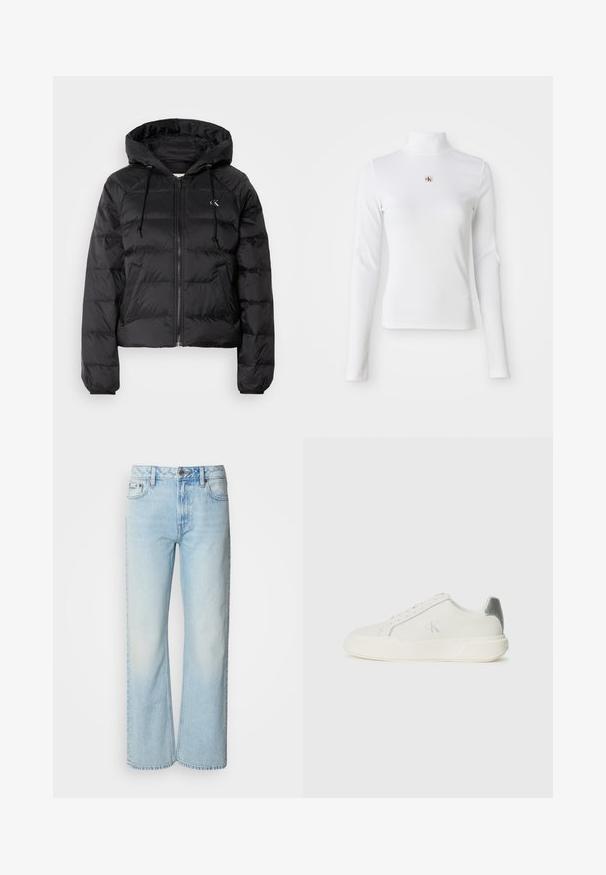 Calvin Klein Jeans LIGHTWEIGHT LOGO PUFFER - Zimná bunda - black; Dlhý rukáv, biely rolák vyrobený z ryhľovanej látky. Obsahuje malé vyšívané logo v strede. Priliehavý strih bez vzorov.; Svetlomodré široké džínsy vyrobené z denimu, s klasickým päť-pocket dizajnom a jemnou vyblednutou textúrou. Švy z denimu sú viditeľné.; Biele tenisky vyrobené z kože s hladkou textúrou, s strieborným akcentom na päte, plochou podrážkou a minimalisticým dizajnom.