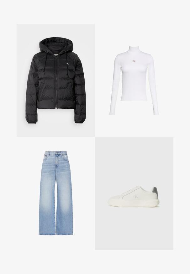 Calvin Klein Jeans LIGHTWEIGHT LOGO PUFFER - Vinterjakker - black; Hvid langærmet rullekravetop med lille Calvin Klein-logo patch centreret på brystet på en ensfarvet hvid baggrund.; Lyseblå højtaljede jeans med vidde i benene, lukkes foran med knapper og lynlås, for- og baglommer samt en let slidt detalje på højre lomme.; Hvide sneakers lavet af læder med en glat tekstur, forsynet med en sølvaccent på hælen, flad sål og minimalistisk design.