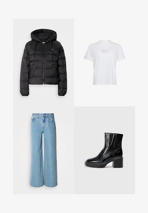 Calvin Klein Jeans LIGHTWEIGHT LOGO PUFFER - Zimná bunda - black; Biele tričko s krátkym rukávom, okrúhlym výstrihom a svetlo béžovým logom Calvin Klein v strede na hrudi.; Svetlomodré široké rifle vyrobené z denimu, s vysokým pásom, päticou vreciek a jemným vyblednutím na látke.; Čierne lakované členkové topánky s zakrivenou špičkou, elastickými bočnými panelmi a masívnym blokovým opätkom. S embosovaným logom na zadnej strane.
