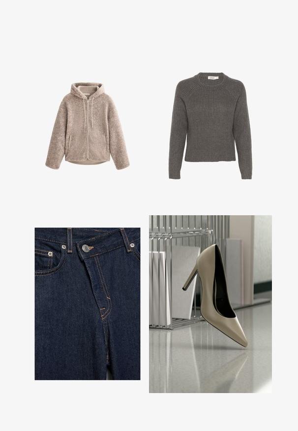 Veste en polaire beige avec capuche, dotée d'une fermeture éclair sur le devant, d'un tissu texturé et de deux poches latérales. Matériau doux et chaud avec une coupe décontractée.; Pull en gris à côtes avec un col rond et de longues manches raglan. Texture douce et coupe décontractée. Étiquette visible au niveau du col.; Gros plan sur le devant d'un jean en denim bleu foncé avec bouton métallique, braguette zippée, poches avant et détails de couture orange.; Chaussure à talon beige équilibrée sur son talon sur une surface brillante à côté d'un organiseur de fichiers métallique avec des documents.