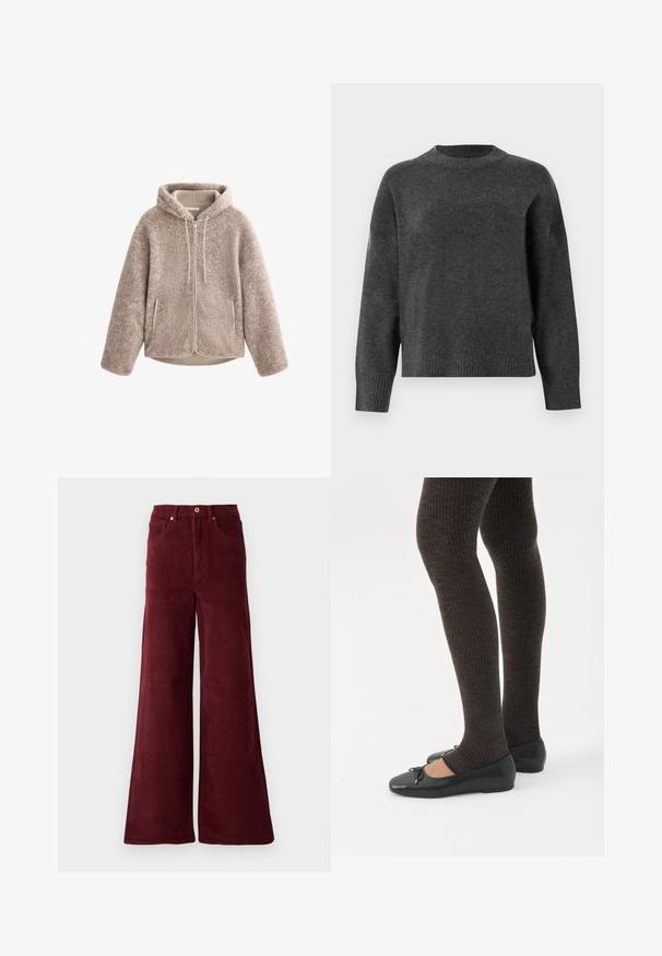 Beige fleece-takki, jossa on huppu, vetoketjukiinnitys, teksturoitu kangas ja kaksi sivutaskua. Pehmeää, lämpimää materiaalia ja rento malli.; Tummanharmaa neulepusero, jossa on pitkät hihat, pyöreä kaula-aukko sekä ribbireunat hihansuissa ja helmasssa. Sujuva pinta ja hiukan löysä istuvuus.; Burgundi värvi laiad põlvpüksid, millel on kõrge talje, esikotid ja nööpkinnitis. Ühtlane ribastatud kangas üle kogu pinna.; Jalat, joissa tummat ribbineuleiset leggingsit yhdistettynä mustiin balettitossuihin, joissa on pienet rusettikoristeet valkoisella taustalla.