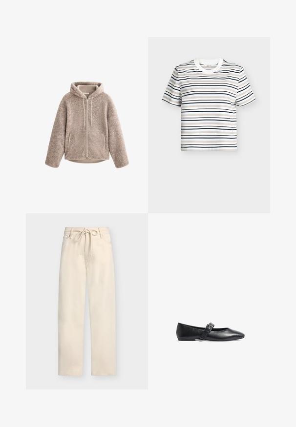 Beige fleece jack met een capuchon, met een ritssluiting aan de voorkant, gestructureerde stof en twee zijzakken. Zacht, warm materiaal en een ontspannen pasvorm.; Witte T-shirt met korte mouwen en horizontale strepen in beige, lichtblauw, marineblauw en zwart. Ronde halslijn met een vlak geribde kraag.; Crèmekleurige wijde broek met voorzakken, riemlussen en een trekkoord in de taille op een effen achtergrond.; Zwarte leren ballerina's met een spitse neus en een enkele band met een gespsluiting. Soepele textuur en minimalistisch ontwerp.