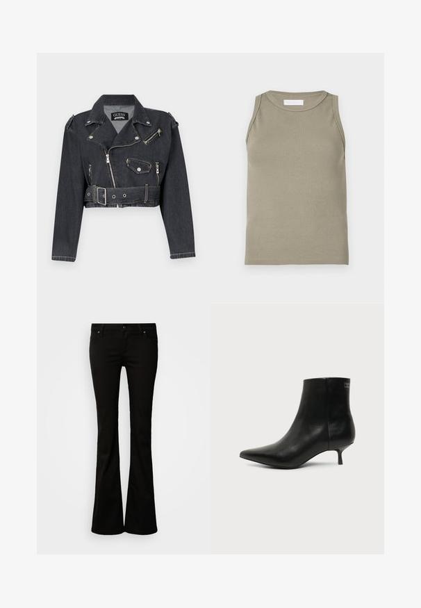 Kurze schwarze Jeans-Bikerjacke mit silbernen Reißverschlüssen, Druckknöpfen und einem taillierten Gürtel. Sie verfügt über Schulterklappen und ein markantes Kragen design.; Geripptes Tanktop in Olivgrün mit rundem Halsausschnitt und ärmellosem Design. Hergestellt aus weichem, dehnbarem Material mit figurbetonter Passform.; Bootcut-Hosen für schwarze Frauen mit Knopf- und Reißverschluss, Gürtelschlaufen sowie vorne und hinten Taschen, dargestellt vor weißem Hintergrund.; Schwarzer Leder-Knöchel-Stiefel mit spitzer Spitze und niedrigem Kittenabsatz vor hellem Hintergrund, seitliche Ansicht.