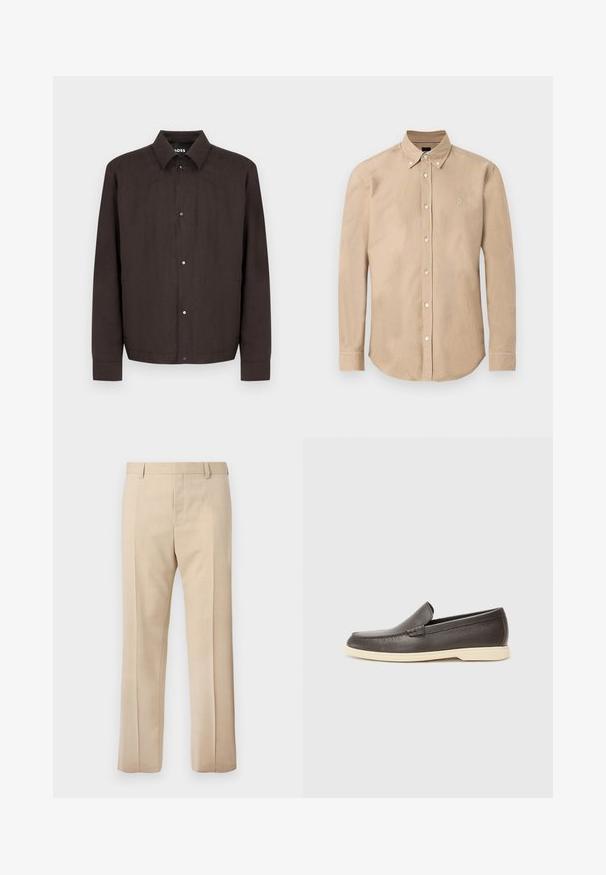 Veste pour homme marron foncé à boutons, avec col et manches longues, présentée sur un fond clair uni.; Chemise beige à manches longues avec boutons sur le devant, col boutonné et petit logo brodé sur le côté gauche de la poitrine.; Pantalon beige sur mesure avec passants pour ceinture, pli devant et fermeture éclair dissimulée, présenté sur un fond uni.; Chaussures à enfiler en cuir marron avec une surface texturée et une semelle beige clair contrastante, présentant un bout arrondi et de minimalistes détails de couture.