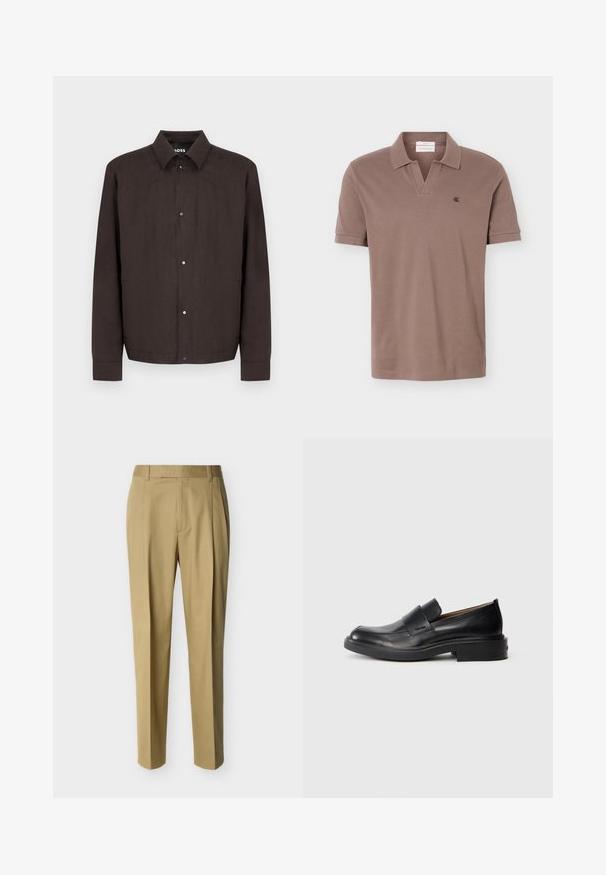 Veste pour homme marron foncé à boutons, avec col et manches longues, présentée sur un fond clair uni.; Polo marron à manches courtes avec col ouvert et petit logo noir "ck" sur le côté gauche de la poitrine, sur un fond uni.; Pantalon beige ajusté avec passants de ceinture et pli frontal, présenté sur un fond clair uni.; Chaussure habillée noire en cuir, à enfiler, avec un petit talon et un logo Calvin Klein discret sur le côté, présentée de profil sur un fond blanc.