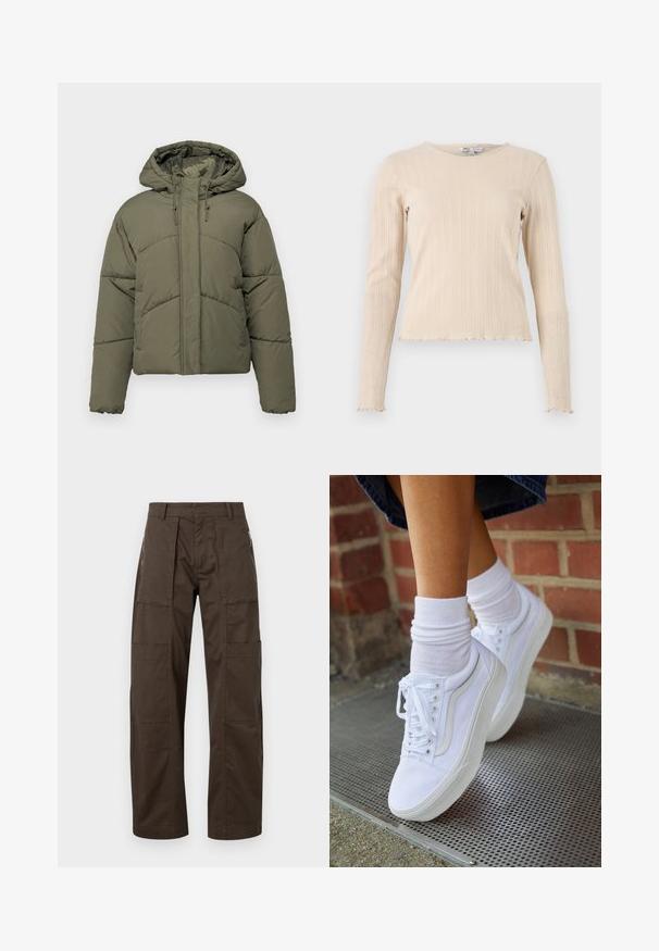 Olive roheline puhvjaket, millel on kapuuts, iseloomulikud tikandpaneelid, esine tõmblukk ja nööraktsendid. Pehme, vatiine tekstuur.; Beež pullover, mille varrukate ja ümmarguse kaelusega, lainelise äärega. Kangas on kaunistatud peene tekstuuriga mustriga.; Pruunid cargo püksid, mis on valmistatud vastupidavast kangast, mitmete taskutega, mugava lõikega ja silmapaistva õmbluse detailidega vastupidavuse tagamiseks.; Valged kanvas tennisikud kummitaldadega, kuue silmaga, ümmarguse varbaga ja kergete tikandite detailidega, koos valgete pahkluusokkidega.