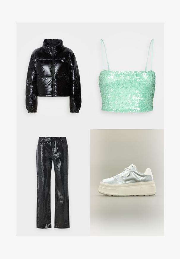 Chaqueta acolchada negra con textura brillante y suave, diseño corto, cuello alto y puños elásticos. Presenta un cierre frontal y detalles del logo.; Gina Tricot CROP - Top - light green; Pantalones negros con lentejuelas que presentan un diseño ajustado con pernera acampanada. La tela tiene una textura brillante con un patrón de pequeños discos reflectantes.; Zapatilla de plataforma gruesa con parte superior metálica plateada, cordones blancos y suela gruesa texturizada de color crema, mostrada en perfil lateral sobre un fondo neutro.
