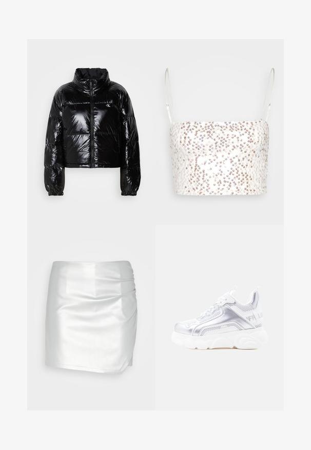 Čierna páperová bunda so lesklou, hladkou textúrou, skráteným dizajnom, vysokým golierom a elastickými manžetami. Obsahuje predný zips a detail s logom.; Gina Tricot SHIMMER CROPPED - Top - offwhite; Even&Odd by Zalando Šortky - silver; Biele a strieborné robustné tenisky s hrubou textúrovanou podrážkou, sieťovinovými a syntetickými panelmi, zaoblenou špičkou a pútkom na päte.