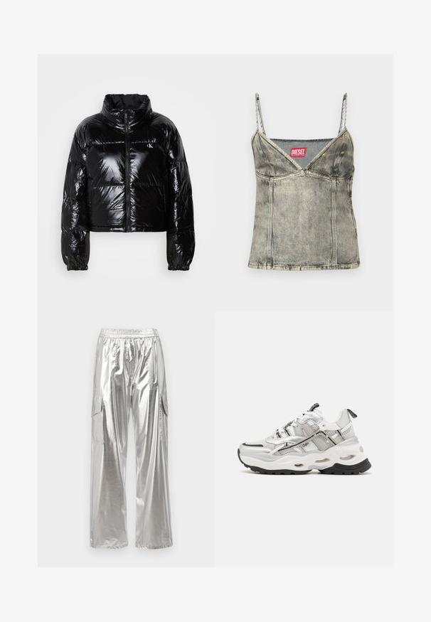 Must värviline sulejope, millel on sädelev, sile tekstuur, lühendatud disain, kõrge krae ja elastsed mansetid. Ees on lukk ja logodetail.; Helehall hallidega helesinine teksastops, reguleeritavate õlapaeladega, V-kaelusega disain, nähtavad õmblused ning punane "DIESEL" silt kaeluses.; MCM METALLIC PANTS - Kargopüksid - silver; Valge ja hall sportlik treeningjalats, mis koosneb võrgust ja sünteetilistest materjalidest, paks tallaga, silmapaistva musta mustriga ja paelkinnise disainiga, millel on aktsendid.