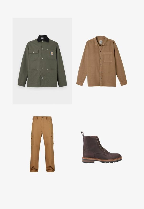 Grøn lærredsjakke med sort krave, fire forlommer, lukning med trykknapper og et lille Carhartt-logo på brystlommen.; Brun langærmet skjorte med knapper, en enkelt brystlomme og krave, mærket "Fatface" med afslappet pasform.; Brune cargo bukser lavet af slidstærkt stof, med flere lommer, en afslappet pasform og forstærkede syninger.; Brune læder støvler med snørebånd ved anklen, med en tekstureret overflade, kontrasterende beige såler og metaløjer. Har en trækflig for nem påtagning.