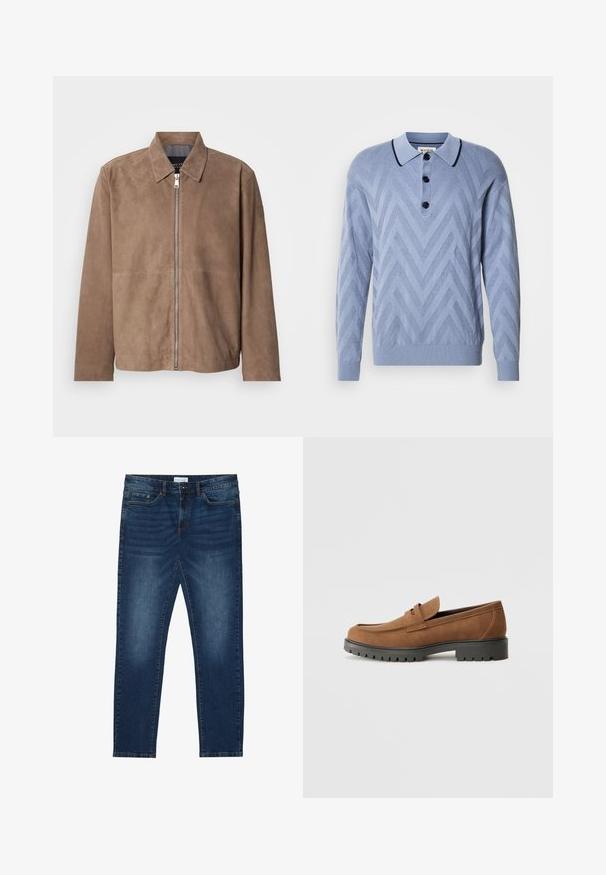 Veste en daim marron avec col, fermeture zippée à l'avant et manches longues. Le tissu a une texture lisse et présente peu de coutures.; Polo tricoté bleu clair avec un motif en chevron, trois boutons noirs et un col marine contrastant. Manches longues et poignets côtelés.; Jean slim-fit bleu foncé avec des détails délavés, design classique à cinq poches, fermeture à bouton et passants de ceinture.; Mocassins en daim marron avec un bout arrondi et une semelle noire en caoutchouc basse, présentant une sangle décorative et des détails de couture sur le dessus.