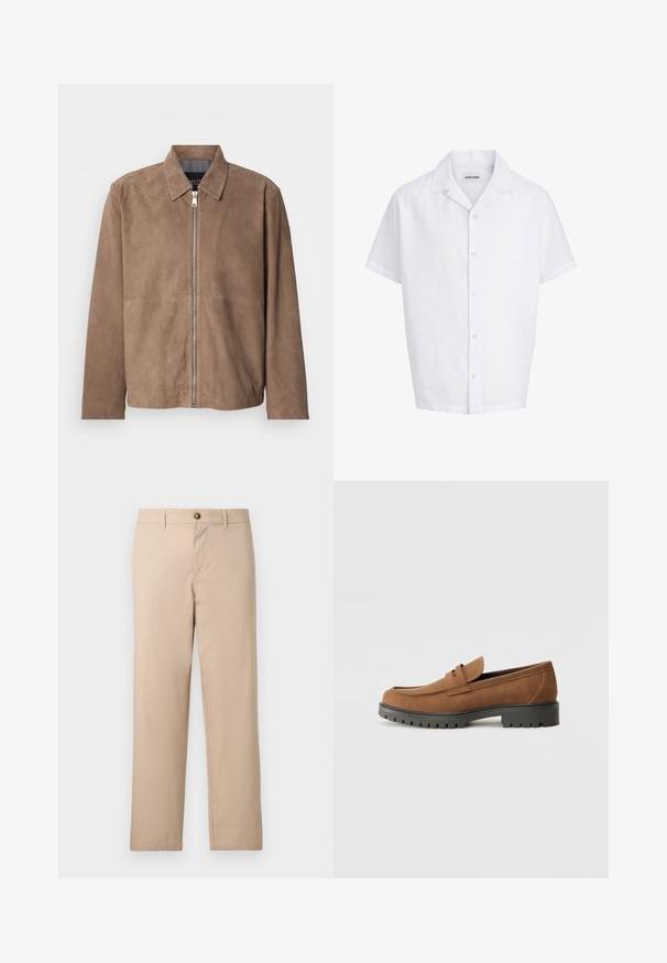 Veste en daim marron avec col, fermeture zippée à l'avant et manches longues. Le tissu a une texture lisse et présente peu de coutures.; Chemise blanche à manches courtes, boutonnée, avec col camp, ourlet droit et étiquette visible à l'intérieur du col portant la mention JACK & JONES.; Pantalon beige à jambes droites avec passants de ceinture, fermeture à boutons sur le devant et poches latérales.; Mocassins en daim marron avec un bout arrondi et une semelle noire en caoutchouc basse, présentant une sangle décorative et des détails de couture sur le dessus.