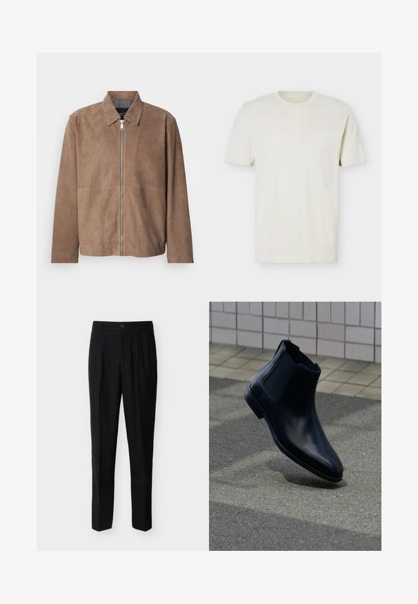 Veste en daim marron avec col, fermeture zippée à l'avant et manches longues. Le tissu a une texture lisse et présente peu de coutures.; T-shirt à manches courtes couleur blanc cassé uni avec col rond et logo discret sur le côté gauche de la poitrine, présenté sur un fond blanc uni.; Pantalon noir taille haute, ajusté, avec passants de ceinture, plis à l'avant, poches latérales et fermeture boutonnée avec zip.; Bottine Chelsea en cuir noir avec panneaux latéraux élastiques affichée au-dessus d’un pavé gris et d’un mur carrelé en arrière-plan.