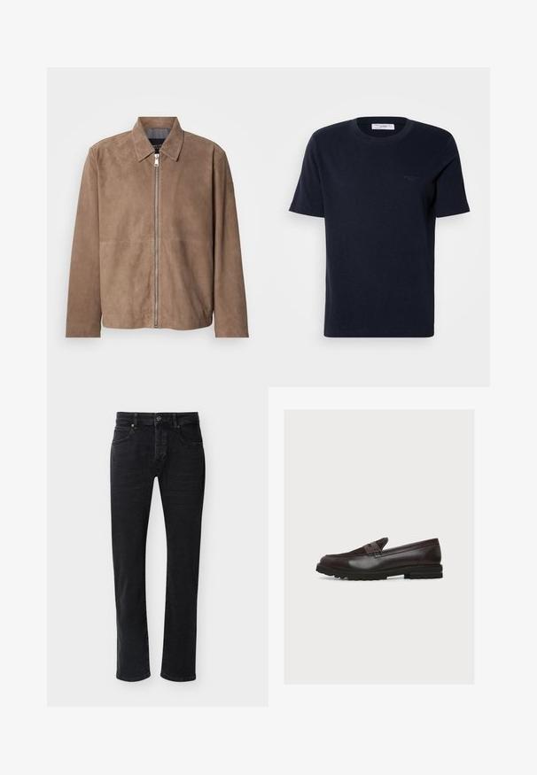 Veste en daim marron avec col, fermeture zippée à l'avant et manches longues. Le tissu a une texture lisse et présente peu de coutures.; T-shirt en coton bleu marine à manches courtes, col rond et petit logo sur la poitrine. Texture lisse, coupe classique.; Jean noir à coupe droite avec poches avant, passants pour ceinture, fermeture par bouton et coutures visibles sur un fond blanc uni.; Mocassin en cuir marron foncé avec dessus en daim, bride pour pièce, détails cousus et semelle épaisse en caoutchouc avec motif de bande de roulement, vu de profil.