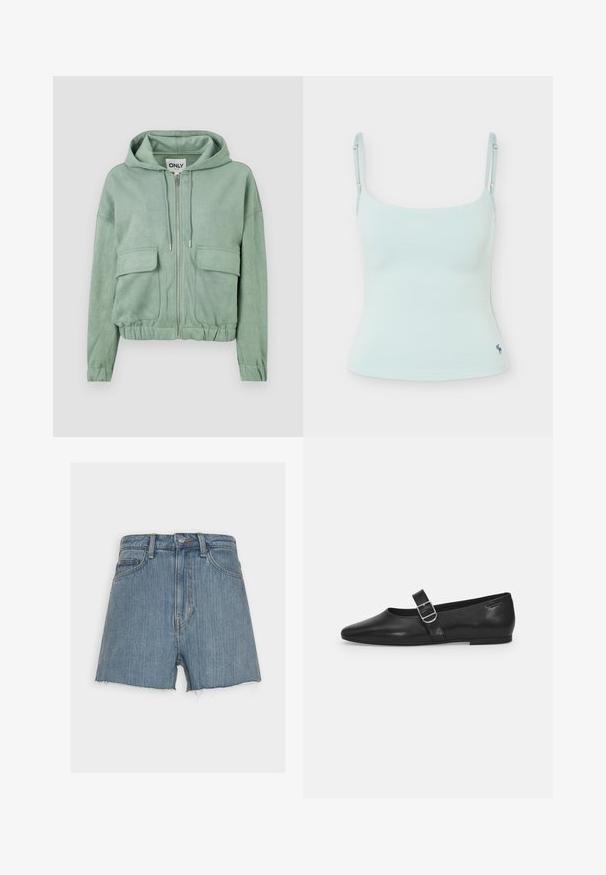 Mintgroene ritshoodie van zachte stof, met een trekkoordkap, twee voorzakken en een gathered zoom.; Lichtblauwe aansluitende camisole met dunne verstelbare bandjes en klein geborduurd logo vlak bij de zoom op een effen achtergrond.; Weekday ROWE - Jeansshort - light blue; Zwarte leren platte schoen met een ronde neus, een enkele verstelbare gespsluiting en een gladde, glanzende textuur. Minimalistisch ontwerp met een lage hak.