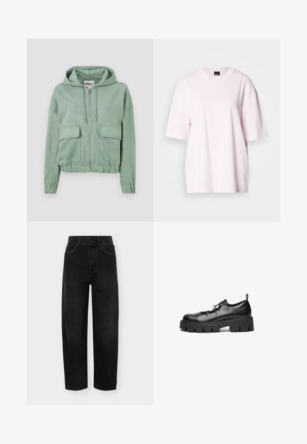 Mintgroene ritshoodie van zachte stof, met een trekkoordkap, twee voorzakken en een gathered zoom.; Lichtroze katoenen T-shirt met korte mouwen, een ronde halslijn en een ontspannen pasvorm. Soepele textuur met minimale naden en geen patronen.; Zwarte high-waist jeans met rechte pijpen, knoopsluiting, voor- en achterzakken, en riemlussen, weergegeven op een effen achtergrond.; Zwarte leren veterschoenen met een ronde neus, stevige platformzool en decoratieve stikdetails langs de rand.