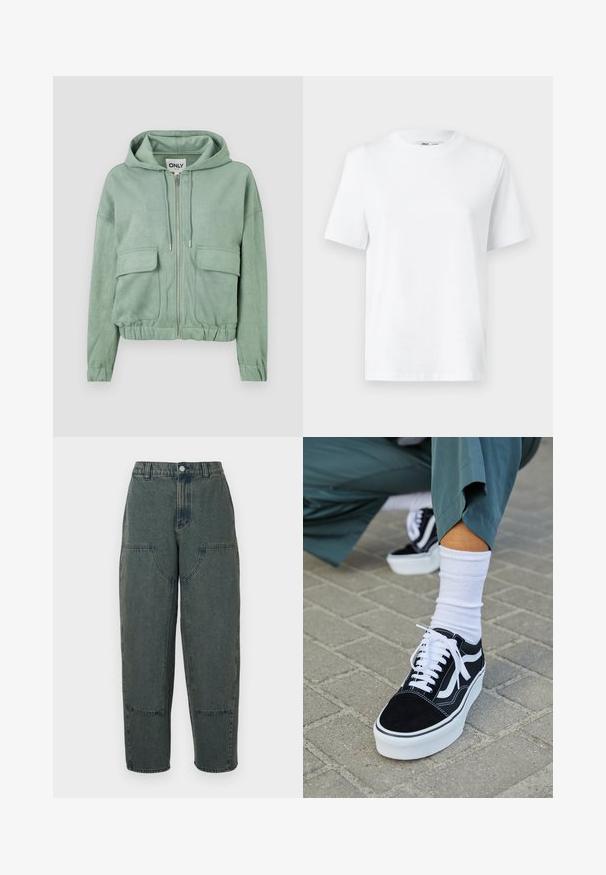 Mintgroene ritshoodie van zachte stof, met een trekkoordkap, twee voorzakken en een gathered zoom.; Witte katoenen T-shirt met ronde hals, korte mouwen en een gladde textuur. Ontworpen met een comfortabele en veelzijdige relaxte pasvorm.; Denim broek in donkerblauw met een relaxte pasvorm, voorzien van zijzakken en contrasterende stiksels. De stof heeft een licht vervaagde textuur.; Zwarte suède sneaker met witte accenten en veters, uitgerust met een dikke witte zool en contrasterende stiksels, gecombineerd met een witte sok.