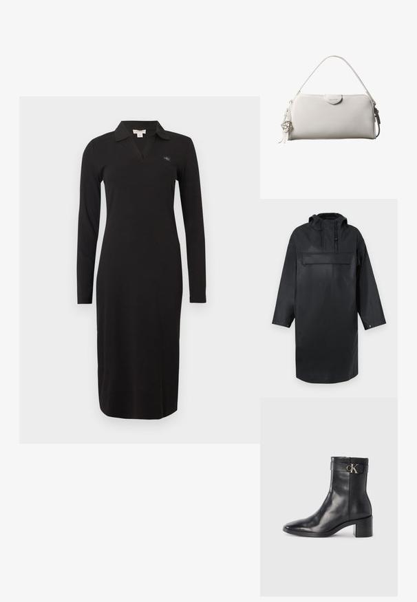 Parka negra impermeable de gran tamaño con un alto cuello, capucha ajustable, tapeta de botones en la parte delantera y un gran bolsillo en el pecho. Textura suave.; Vestido negro de manga larga con cuello, que presenta un diseño de escote en V y un ajuste ceñido. El material tiene una textura acanalada. Incluye un pequeño detalle de logo.; Bota de tobillo de cuero negra con punta afilada, tacón cuadrado y una correa con un detalle de logo metálico. Textura suave y diseño minimalista.; Bolso rectangular blanco de Calvin Klein con un solo asa, diseño minimalista y borlas decorativas con un charm metálico geométrico en el lateral.