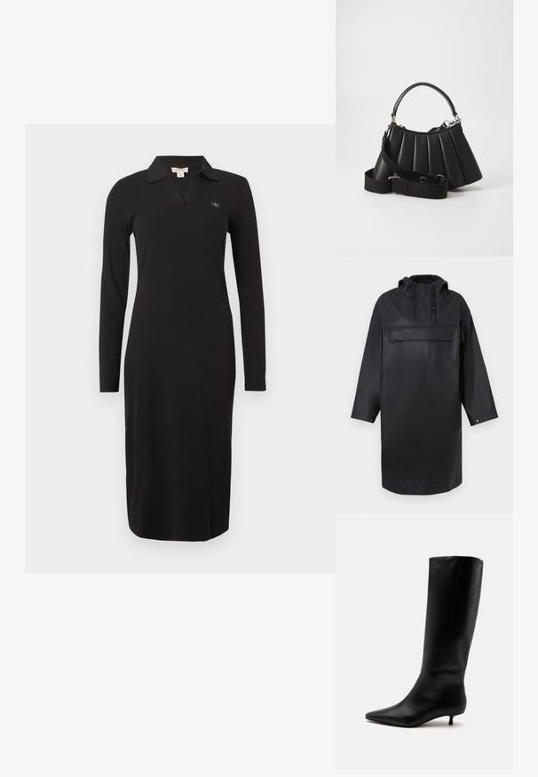 Čierna vodoodolná oversized parka s vysokým golierom, nastaviteľnou kapucňou, predným zapínaním na gombíky a veľkou náprsnej kapsou. Hladká textúra.; Čierne šaty s dlhým rukávom a golierom, s výstrihom do V a priliehavým strihom. Materiál má rebrovanú štruktúru. Obsahuje malý detail loga.; Čierna kožená čižma po koleno s ostrou špičkou a nízkym kitten opätkom na jednoduchom svetlom pozadí.; Čierna plisovaná kabelka s okrúhlou rukoväťou, nastaviteľným popruhom a lesklou textúrou. Obsahuje strieborné kovanie a štruktúrovaný siluetu.