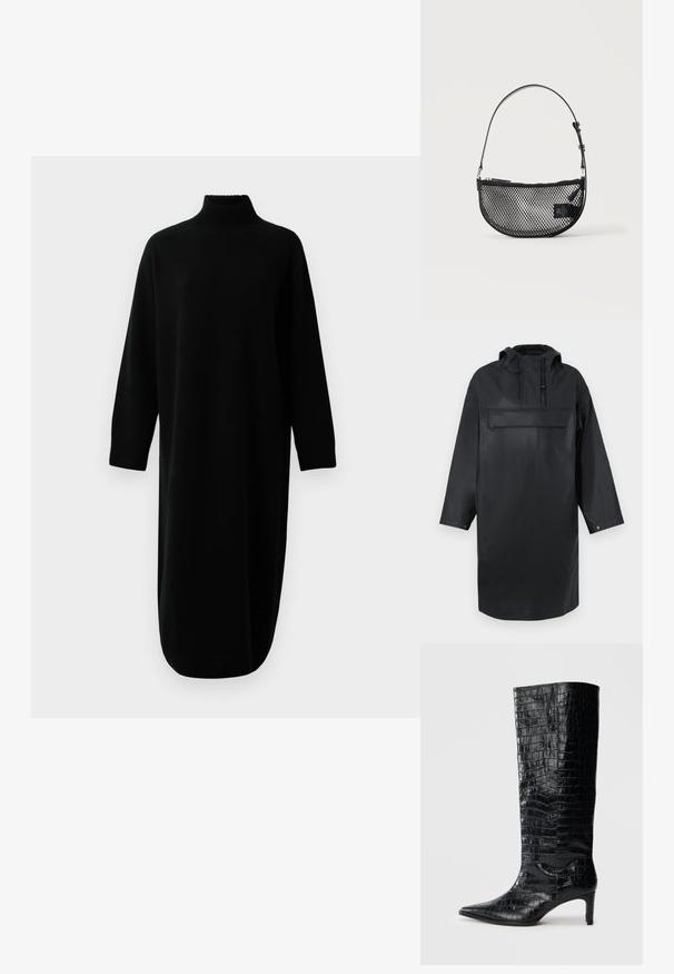 Sort vandtæt oversize parka med høj krave, justerbar hætte, frontlukkede knapper og en stor brystlomme. Glat tekstur.; Sort langærmet turtleneck strikket midikjole med ribbede manchetter og kant, præsenteret mod en ensfarvet hvid baggrund.; Sorte knæhøje støvler med en blank, krokodillemønstret tekstur, spids tå og en affaset hæl. Glat syntetisk materiale.; Sort mesh halvmåne håndtaske med en kort justerbar læderrem og lynlåslukning på en ensartet lys baggrund.