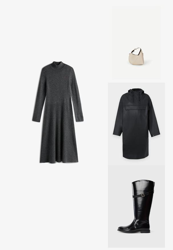 Parka negra impermeable de gran tamaño con un alto cuello, capucha ajustable, tapeta de botones en la parte delantera y un gran bolsillo en el pecho. Textura suave.; Vestido de punto gris con cuello alto, mangas largas y textura acanalada. El corpiño ajustado se transforma en una sección inferior acampanada y plisada.; Bota alta de cuero negra con tacón bajo y una correa decorativa con hebilla plateada alrededor de la parte superior de la pantorrilla.; Bolso de cuero beige en forma de media luna con una sola correa para el hombro y costuras mínimas, colocado sobre un fondo blanco liso.