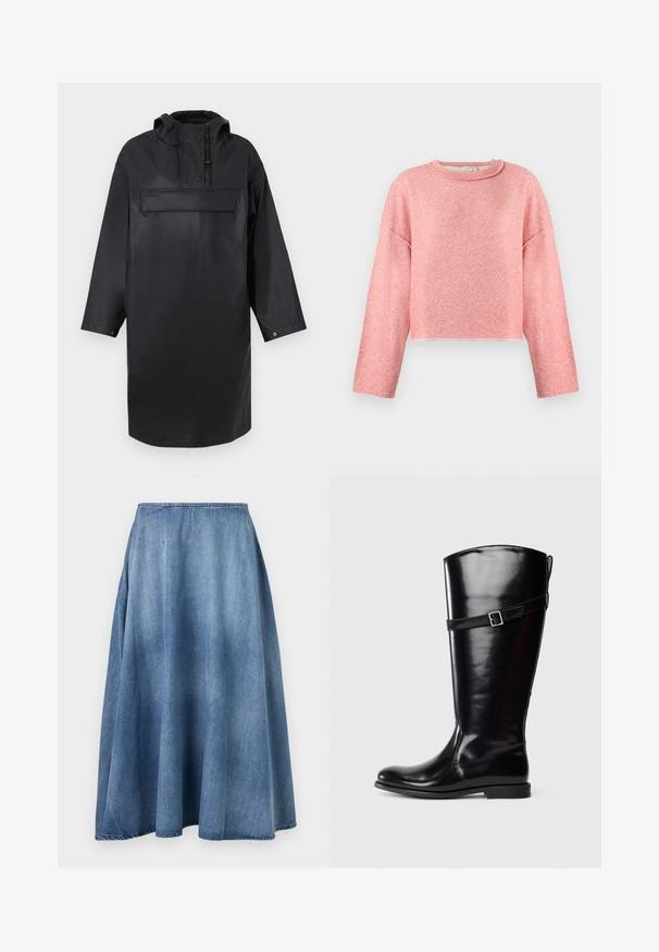 Čierna vodoodolná oversized parka s vysokým golierom, nastaviteľnou kapucňou, predným zapínaním na gombíky a veľkou náprsnej kapsou. Hladká textúra.; Mäkký ružový sveter s dlhými rukávmi a okrúhlym výstrihom, vo voľnom strihu a mierne skráteným lemom, zobrazený na jednoduchom svetlom pozadí.; Modrá rifľová sukňa áčkového strihu s jemným vyblednutím a malými červenými detailmi pri páse na jednoduchom bielom pozadí.; Vysoká čierna kožená čižma s nízkym opätkom a dekoračným pásom so striebornou prackou okolo hornej časti lýtka.