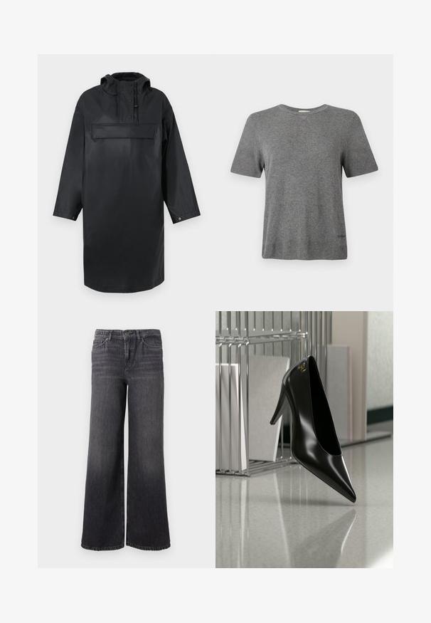 Parka surdimensionnée imperméable noire avec un col haut, une capuche ajustable, un rabat à boutons sur le devant et une grande poche poitrine. Texture lisse.; T-shirt gris à manches courtes en tissu doux. Col rond, coupe décontractée, avec un logo discret à l'ourlet. Texture lisse partout.; Jean en denim gris foncé à jambe large avec un dégradé subtil, doté d'une fermeture à bouton, de cinq poches et d'un ourlet droit au niveau de la cheville.; Chaussure noire à talon haut avec bout pointu et logo doré, posée sur une surface réfléchissante près d'un organiseur de dossiers en fil chromé contenant des documents.