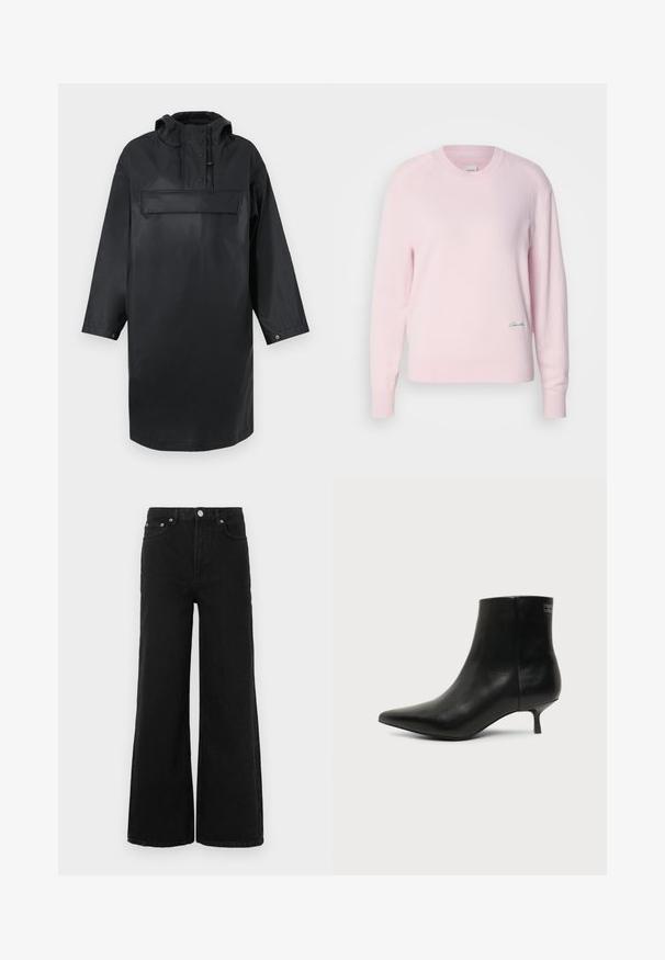 Schwarze wasserdichte oversized Parka mit hohem Kragen, verstellbarer Kapuze, eingeknöpftem Frontverschluss und einer großen Brusttasche. Glatte Textur.; Helles rosa Sweatshirt aus weichem Strickmaterial. Mit Rundhalsausschnitt und langen Ärmeln, versehen mit einem kleinen grünen Logo auf der unteren linken Seite.; Schwarze Jeans mit weitem Bein aus Denim; verfügt über eine hohe Taille, Vordertaschen und einen Knopfverschluss. Keine sichtbaren Muster oder Verzierungen.; Schwarzer Leder-Knöchel-Stiefel mit spitzer Spitze und niedrigem Kittenabsatz vor hellem Hintergrund, seitliche Ansicht.