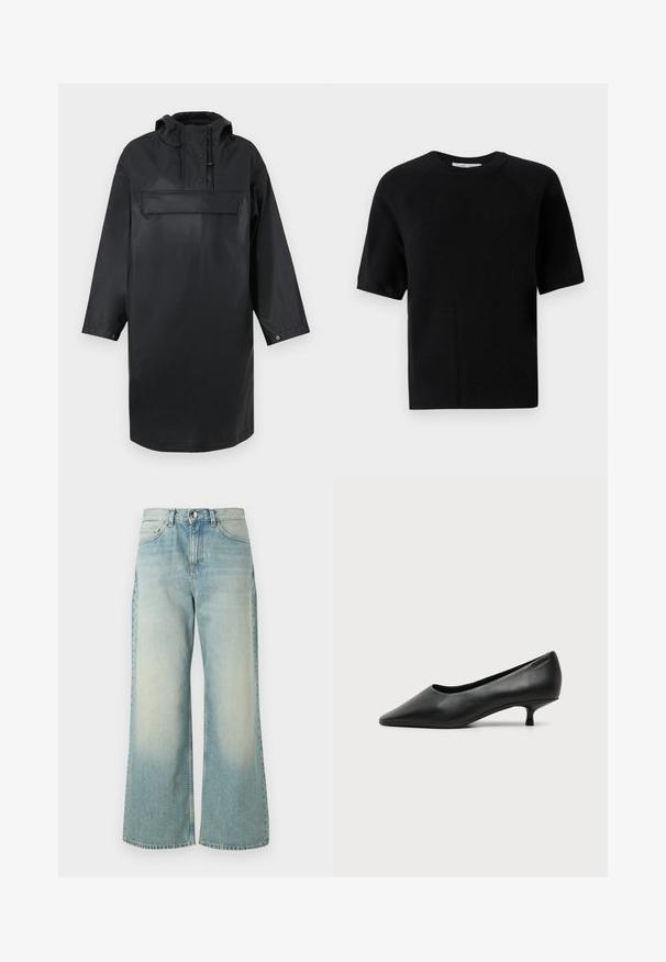 Parka negra impermeable de gran tamaño con un alto cuello, capucha ajustable, tapeta de botones en la parte delantera y un gran bolsillo en el pecho. Textura suave.; Jersey negro de manga corta confeccionado en tejido de punto suave, con cuello redondo y un ajuste relajado con bajos acanalados.; Vaqueros de pierna ancha de color azul claro, hechos de denim, con un lavado deslavado, un diseño clásico de cinco bolsillos y un cierre frontal con botón.; Zapato de mujer negro de cuero con tacón bajo, puntera puntiaguda y pequeño tacón kitten sobre fondo claro liso.