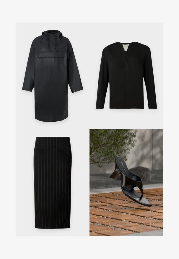 Parka surdimensionnée imperméable noire avec un col haut, une capuche ajustable, un rabat à boutons sur le devant et une grande poche poitrine. Texture lisse.; Haut noir à manches longues en tissu lisse. Présente un col en V et un design minimaliste avec une coupe droite et sans ornements.; Jupe crayon noire avec des rayures verticales étroites, dotée de deux poches avant et d'une texture lisse. Le design est ajusté et arrive au genou.; Sandale à talon noire Calvin Klein en forme de tongs flottant au-dessus d'une surface extérieure carrelée avec de la verdure et un mur en béton en arrière-plan.