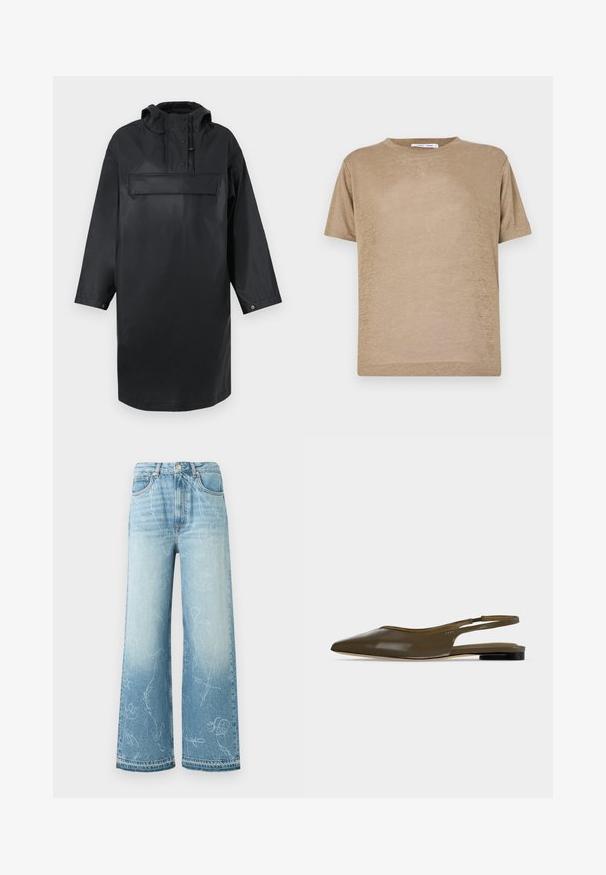 Parka negra impermeable de gran tamaño con un alto cuello, capucha ajustable, tapeta de botones en la parte delantera y un gran bolsillo en el pecho. Textura suave.; Camiseta de manga corta de color beige, hecha de tejido ligero, con un cuello redondo y un corte relajado, de textura suave.; Vaqueros de denim azul claro, de cintura alta y pernera ancha, con lavado desgastado y sutiles patrones de garabatos blancos por todo el tejido.; Zapato plano de tacón bajo y tira trasera en punta de color verde oliva con acabado liso y brillante.