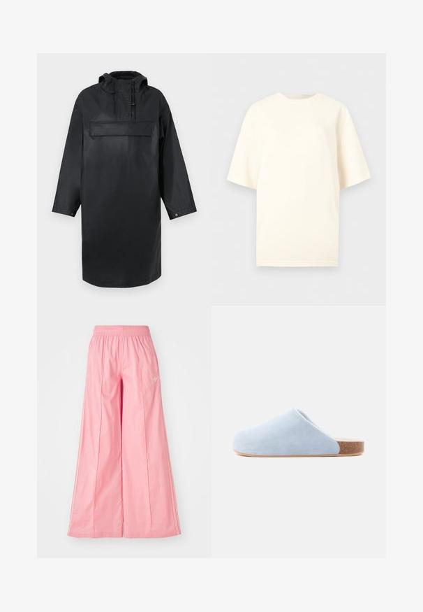 Schwarze wasserdichte oversized Parka mit hohem Kragen, verstellbarer Kapuze, eingeknöpftem Frontverschluss und einer großen Brusttasche. Glatte Textur.; Schlichtes, übergroßes T-Shirt in Off-White mit kurzen Ärmeln, rundem Halsausschnitt und minimal sichtbarem Branding auf der oberen Brust.; Rosa weit geschnittene Hosen aus einem leichten Stoff, mit einem elastischen Bund und dezenten weißen Seitenstreifen. Kleines Logo auf der Vorderseite.; Hellblauer Wildleder-Slipper mit abgerundetem Zehenbereich, weicher Textur und einem Kork-Zwischensohlen für zusätzlichen Komfort und Halt.