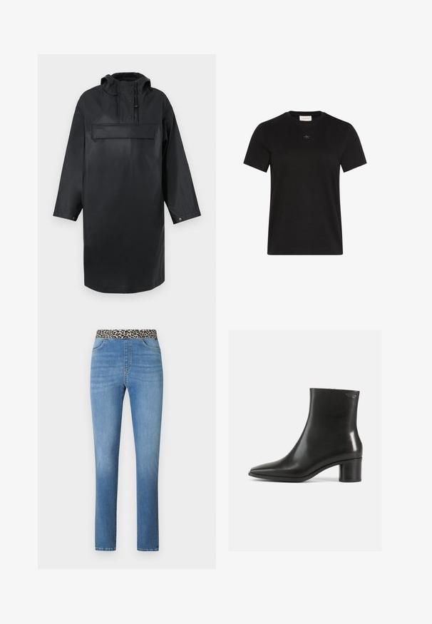 Zwarte waterdichte oversized parka met een hoge kraag, verstelbare capuchon, een voorste knoopsysteem en een grote borstzak. Gladde textuur.; Zwart T-shirt met korte mouwen en ronde hals met klein Calvin Klein-logo, gecentreerd onder de halslijn.; Lichtblauwe denim jeans met een rechte snit, voorzien van een leopard print tailleband en een ontwerp met vijf zakken. Gladde textuur en casual stijl.; Zwarte leren enkellaars met een puntige neus en een blokhak van gemiddelde hoogte. Gladde textuur en minimalistisch ontwerp. Geen zichtbaar beslag.