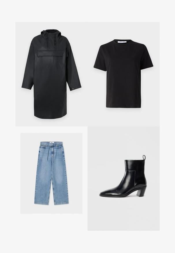 Čierna vodoodolná oversized parka s vysokým golierom, nastaviteľnou kapucňou, predným zapínaním na gombíky a veľkou náprsnej kapsou. Hladká textúra.; Čierne tričko s krátkym rukávom vyrobené z mäkkej bavlny, s okrúhlym výstrihom, uvoľneným strihom a hladkou štruktúrou. Žiadne viditeľné vzory ani grafika.; Svetlomodré široké rifle s vysokým pásom, zapínaním na gombík a zips, prednými vreckami a tenkým šnúrkovým pásikom.; Čierna kožená členková čižma s špicatou špičkou, geometricky tvarovaným podpätkom a pútkom na zadnej strane. Hladká textura a elegantný dizajn.