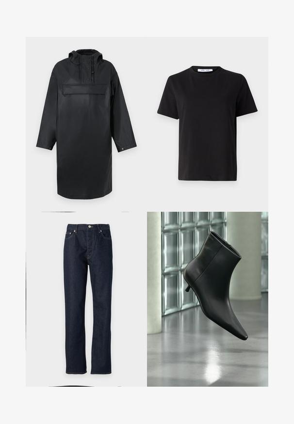 Schwarze wasserdichte oversized Parka mit hohem Kragen, verstellbarer Kapuze, eingeknöpftem Frontverschluss und einer großen Brusttasche. Glatte Textur.; Schwarzes T-Shirt mit kurzen Ärmeln aus weicher Baumwolle, mit rundem Ausschnitt, lockerer Passform und glatter Textur. Keine sichtbaren Muster oder Grafiken.; Dunkelblaue Jeans aus Denim mit geradem Schnitt, ausgestattet mit einem Knopf- und Reißverschluss, Fünf-Taschen-Design und kontrastierenden Nähdetails.; Schwarzer Leder-Stiefelette mit spitzer Zehenpartie und niedrigem Kitten-Heel, schräg dargestellt vor einem polierten Boden und einer Glasbausteinwand.