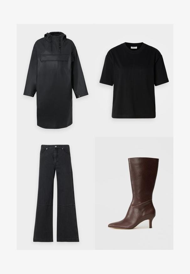 Schwarze wasserdichte oversized Parka mit hohem Kragen, verstellbarer Kapuze, eingeknöpftem Frontverschluss und einer großen Brusttasche. Glatte Textur.; Schwarzes Baumwoll-T-Shirt mit kurzen Ärmeln, Rundhalsausschnitt und lockerer Passform. Glatte Textur und minimalistisches Design ohne sichtbare Muster oder Akzente.; Schwarze Weitbein-Jeans aus Denim mit hoher Taille, vorderen Taschen und einer dezenten Nahtdetails am Knie. Mit Metallknopfverschluss.; Braune Kunstleder-Ankle-Boots mit spitzem Zeh, strukturiertem Schlangenprint und einem 5 cm hohen Absatz, die ein schlankes, elegantes Design aufweisen.