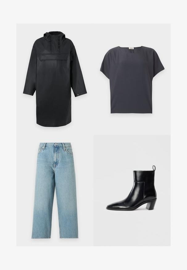 Zwarte waterdichte oversized parka met een hoge kraag, verstelbare capuchon, een voorste knoopsysteem en een grote borstzak. Gladde textuur.; Donkergrijze blouse met korte mouwen, ronde halslijn en losse pasvorm, plat gelegd op een lichte achtergrond.; Lichtblauwe jeans met hoge taille en wijde pijpen, voorzien van steekzakken aan de voorkant, riemlussen en een metalen knoopsluiting.; Zwarte leren enkelboot met een spitse neus, een geometrische gestapelde hak en een trekband aan de achterkant. Gladde textuur en slank ontwerp.