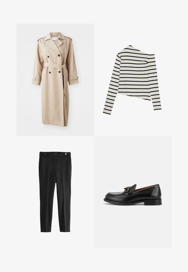 Beige trenchcoat med dobbeltbrystet front, sorte knapper, bælte ved taljen og skulderepauleter; lavet af glat stof med en afslappet pasform.; Stribet langærmet top med off-shoulder design, lavet af letvægtsstof. Farver: creme med sorte vandrette striber.; Sorte skræddersyede bukser med en glat tekstur, der har to frontlommer og en talje med to runde sorte knapper.; Sort læderloafer med lav hæl, rundet tå og dekorativ metalspænde foran.