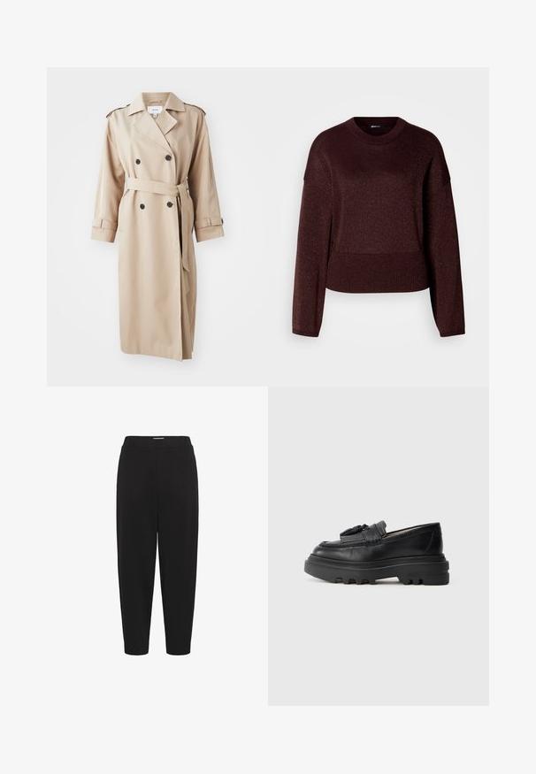Beige takki kaksinkertaisella napituksella edessä, mustilla napilla, vyöllä vyötäröllä ja hartiatakeilla; valmistettu sileästä kankaasta rentoa istuvuutta varten.; Burgundy neulepusero, jossa on pehmeä ja kiiltävä pinta, pyöreä kaula-aukko ja ribbaushelma, pitkät hihat rentoa leikkausta.; Musta pehmeästä kankaasta valmistetut housut. Niissä on joustava vyötärönauha, kapenevat lahkeet ja sileä pinta ilman näkyviä kuvioita tai koristeita.; Musta nahka loaferit paksulla kumipohjalla ja uurretulla pinnalla. Edessä koristaa punottu yksityiskohta. Sivuprofiili esitetty.
