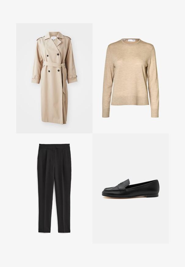 Gabardina beige con frente de doble botonadura, botones negros, cinturón en la cintura y epaulettes en los hombros; hecha de una tela suave con un corte relajado.; Jersey de lana beige de manga larga con cuello redondo y puños y bajo acanalados, mostrado sobre un fondo blanco.; Pantalones negros de corte ajustado, con una parte frontal plana, dos bolsillos laterales y un diseño limpio y sin costuras. Fabricados en una tela suave y transpirable.; Mocasín de cuero negro con tacón bajo, detalles cosidos y un pequeño detalle metálico en la parte superior.