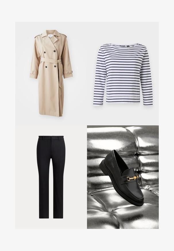 Manteau trench beige avec un devant croisé, des boutons noirs, une ceinture à la taille et des épaulettes aux épaules ; fabriqué en tissu lisse avec une coupe décontractée.; Haut à manches longues rayé en blanc et bleu marine, avec un col bateau et une coupe décontractée. Fabriqué en coton doux avec des ourlets cousus.; Pantalon noir à jambes droites avec passants de ceinture et coupe slim, présenté sur un fond clair uni.; Mocassin en cuir noir avec un détail en métal doré. La chaussure présente un design épuré et une texture lisse et brillante.