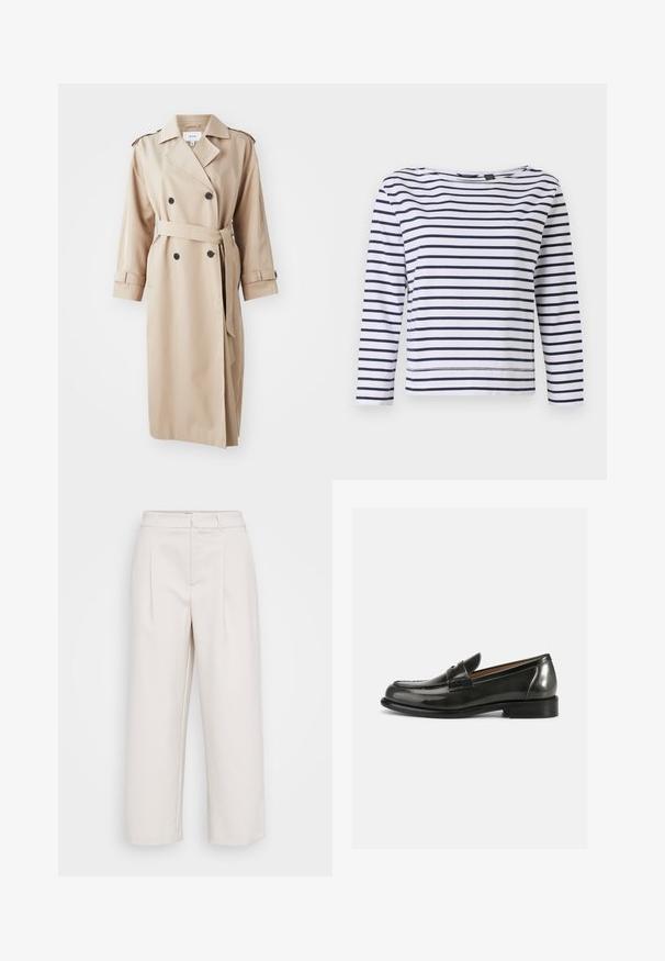 Beige trenchcoat met dubbele knopen aan de voorkant, zwarte knopen, riem in de taille en schouderepauletten; gemaakt van glad materiaal met een relaxte pasvorm.; Gestreepte lange mouwen top in wit en marineblauw, met een bootnek en een ontspannen pasvorm. Gemaakt van zacht katoen met gestikte zomen.; Beige wijde broek met een verfijnd ontwerp, voorzien van plooi-boxen, een gladde textuur en een standaard tailleband.; Zwarte lakleren loafers met een gestructureerd ontwerp, ronde neus en gestikte details op de bovenkant, met een lage gestapelde hak.
