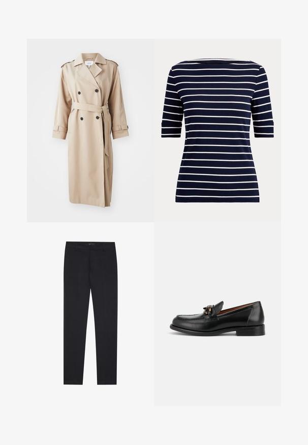 Beige trenchcoat met dubbele knopen aan de voorkant, zwarte knopen, riem in de taille en schouderepauletten; gemaakt van glad materiaal met een relaxte pasvorm.; Marineblauw overhemd met witte horizontale strepen en ellebooglange mouwen, afgebeeld op een eenvoudige lichte achtergrond.; Zwarte slim-fit formele broeken met riemlussen en voorzakken, ontworpen voor een op maat gemaakte, professionele uitstraling.; Zwarte leren loafer met lage hak, afgeronde neus en decoratieve metalen gesp aan de voorkant.