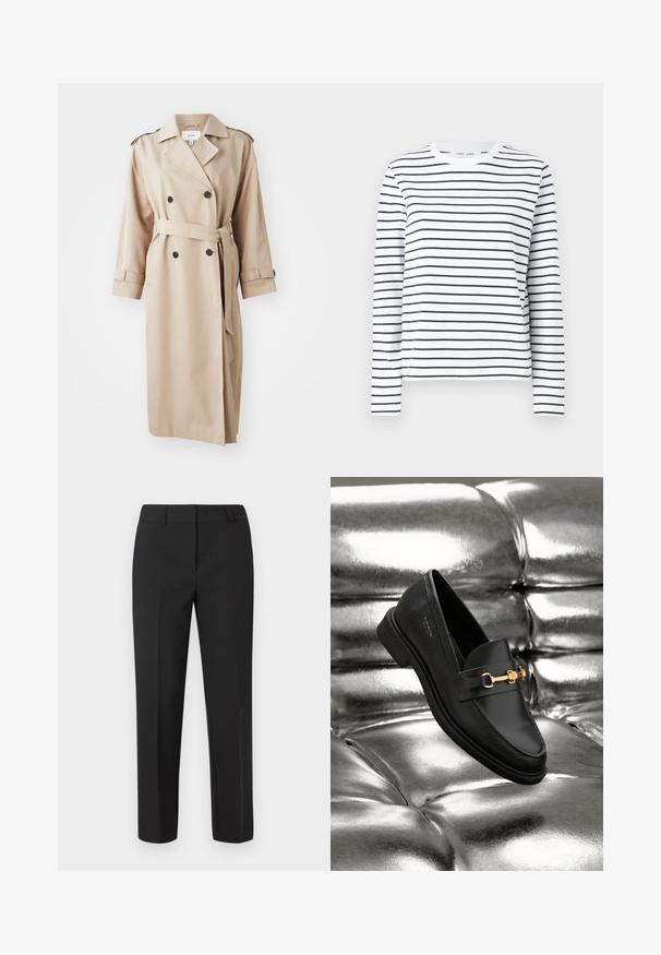Beige trenchcoat met dubbele knopen aan de voorkant, zwarte knopen, riem in de taille en schouderepauletten; gemaakt van glad materiaal met een relaxte pasvorm.; Langsleeve shirt in witte katoen met zwarte horizontale strepen. Heeft een ronde hals en een relaxte pasvorm. Geen opvallende accenten of patronen.; Zwarte op maat gemaakte broek met een rechte pijp, platte voorkant en zonder zichtbare versieringen. Gemaakt van een gladde stof met een frisse afwerking.; Zwarte leren instapper met een goudkleurig hardware-detail. De schoen heeft een strak ontwerp en een gladde, glanzende textuur.