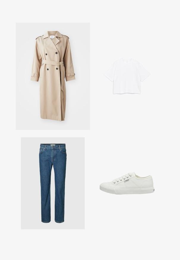 Beige trenchcoat med dobbeltbrystet front, sorte knapper, bælte ved taljen og skulderepauleter; lavet af glat stof med en afslappet pasform.; Hvid T-shirt med korte ærmer, rund hals og en firkantet, løs pasform, vist på en ensfarvet hvid baggrund.; Blå straight-leg denim jeans med frontknapper og lynlås, bæltestropper samt for- og baglommer.; Hvid kanvas sneakers med rund tå, seks snørrehuller, teksturerede sidepaneler og gummisål. Lille mærkelogo på siden.