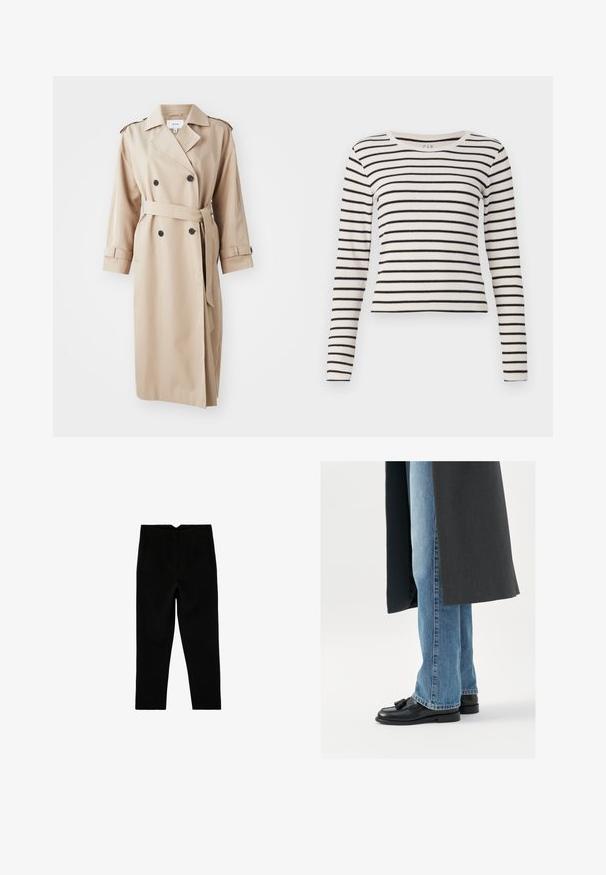Gabardina beige con frente de doble botonadura, botones negros, cinturón en la cintura y epaulettes en los hombros; hecha de una tela suave con un corte relajado.; Camiseta de manga larga a rayas en crema y negro. Presenta un escote redondo, textura de punto acanalado y un diseño ajustado con rayas horizontales.; Pantalones negros a medida hasta el tobillo con bolsillos laterales y pierna ligeramente entallada, mostrados extendidos sobre un fondo blanco.; Mocasines de cuero negro con borlas, combinados con jeans rectos de color azul claro, complementados por un abrigo gris oscuro. Líneas limpias y tejido texturizado.